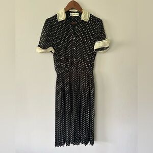 Vintage Albert Nipon Black & White Smocked Polka Dot Shirt Dress, Size 6